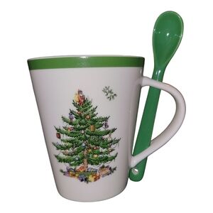 Spode Festive Christmas Tree‎ Mug with Green Spoon 14oz